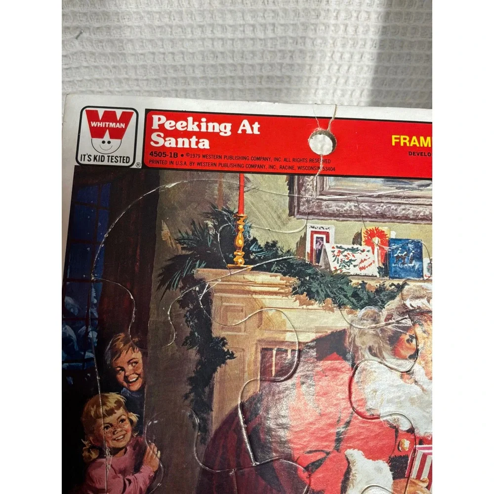 Vintage Kids Whitman Peeking At Santa Frame-Tray Puzzle 1979 Red Multi